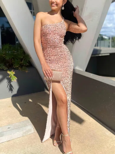 Sheath/Column One Shoulder Sequined Floor-length Prom Dresses With Split Front #UKM020112386