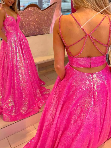A-line V-neck Sequined Sweep Train Prom Dresses With Pockets #UKM020112391
