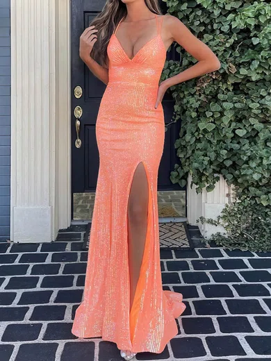 Mermaid V-neck Floor-length Sparkly Sequin Prom Dresses #UKM020112401