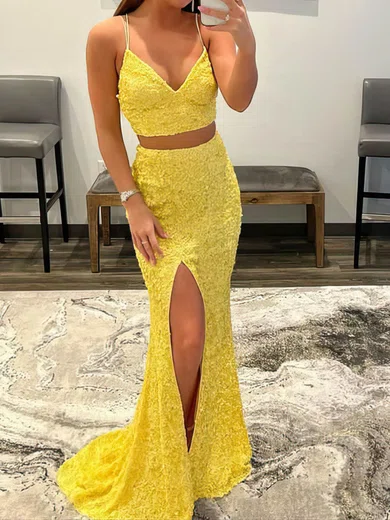Mermaid V-neck Sparkly Sequin Two Piece Prom Dresses #UKM020112402