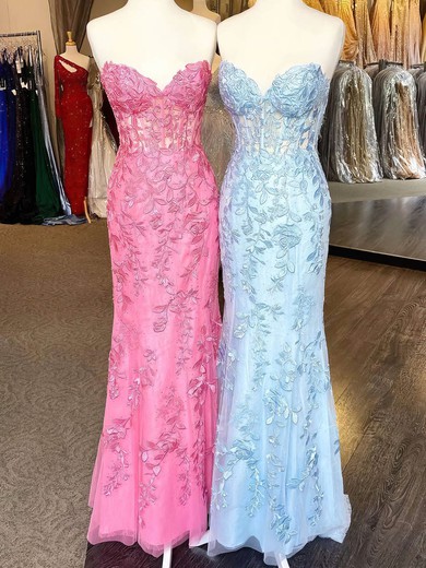 Sheath/Column Sweetheart Lace Tulle Floor-length Prom Dresses With Appliques Lace #UKM020112403