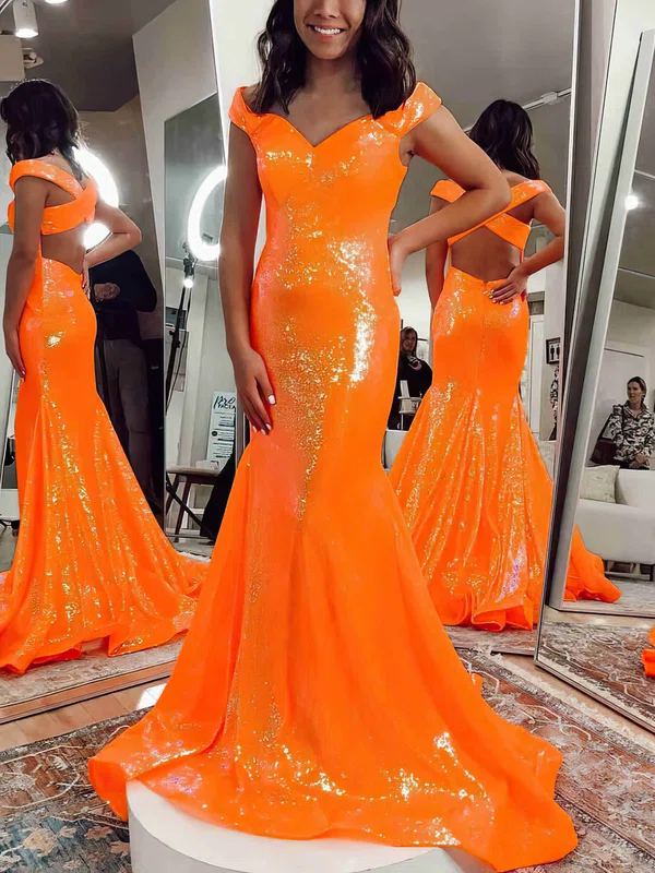 Trumpet/Mermaid Sweep Train Off-the-shoulder Sequined Prom Dresses #UKM020112410
