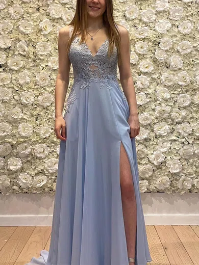 A-line V-neck Chiffon Sweep Train Prom Dresses With Split Front #UKM020112422