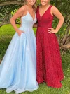 A-line V-neck Tulle Sweep Train Prom Dresses With Pearl Detailing #UKM020112426