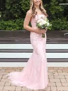 Trumpet/Mermaid Scoop Neck Lace Tulle Sweep Train Prom Dresses With Appliques Lace #UKM020112430
