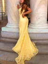 Trumpet/Mermaid V-neck Lace Sweep Train Prom Dresses With Split Front #UKM020112435
