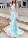 Trumpet/Mermaid Halter Lace Tulle Sweep Train Prom Dresses With Appliques Lace #UKM020112438
