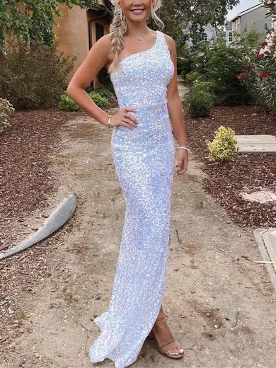 Sheath/Column One Shoulder Sequined Floor-length Prom Dresses With Split Front #UKM020112443