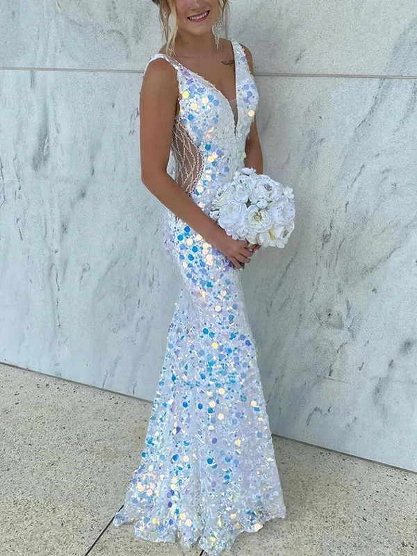 Trumpet/Mermaid V-neck Sequined Floor-length Prom Dresses With Beading #UKM020112444