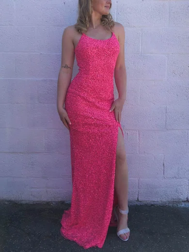 Sheath/Column Scoop Neck Sequined Sweep Train Prom Dresses With Split Front #UKM020112445