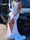 Mermaid V-neck Sparkly Sequin Prom Dresses #UKM020112449
