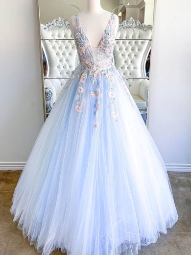 A-line V-neck Lace Tulle Floor-length Prom Dresses With Flower(s) #UKM020112452