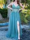 A-line V-neck Lace Tulle Sweep Train Prom Dresses With Split Front #UKM020112454