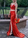 Trumpet/Mermaid V-neck Sequined Sweep Train Prom Dresses With Split Front #UKM020112456