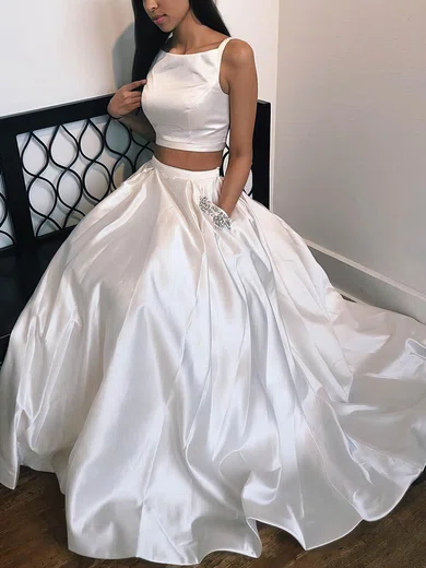 A-line Scoop Neck Satin Sweep Train Prom Dresses With Pockets #UKM020112462