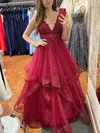 Princess V-neck Tulle Lace Floor-length Prom Dresses With Appliques Lace #UKM020112465