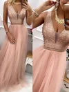 A-line V-neck Tulle Sweep Train Prom Dresses With Pearl Detailing #UKM020112473