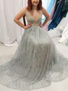 A-line V-neck Glitter Sweep Train Prom Dresses #UKM020112478