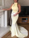 Trumpet/Mermaid Halter Jersey Sweep Train Prom Dresses With Ruffles #UKM020112480