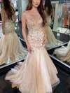 Trumpet/Mermaid V-neck Tulle Glitter Sweep Train Prom Dresses With Beading #UKM020112481