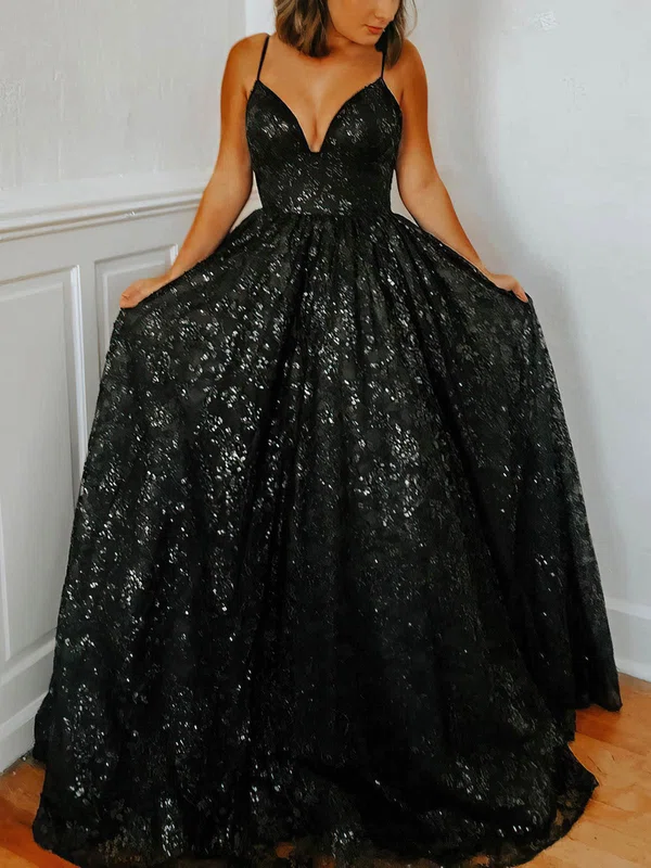 Princess V-neck Glitter Sweep Train Prom Dresses #UKM020112485
