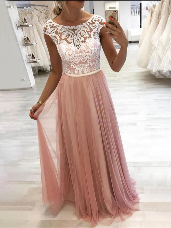 A-line Scoop Neck Tulle Floor-length Prom Dresses With Appliques Lace #UKM020112487