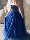 A-line Off-the-shoulder Tulle Sweep Train Prom Dresses With Beading #UKM020112490