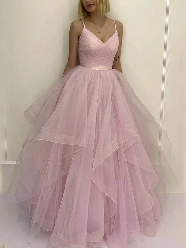 Ball Gown V-neck Tulle Sweep Train Prom Dresses With Ruffles #UKM020112495