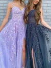 A-line V-neck Tulle Sweep Train Prom Dresses With Split Front #UKM020112505