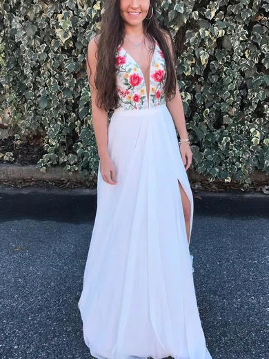 A-line V-neck Chiffon Sweep Train Prom Dresses With Split Front #UKM020112509