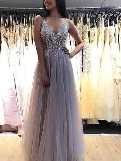 A-line V-neck Tulle Floor-length Prom Dresses With Beading #UKM020112513