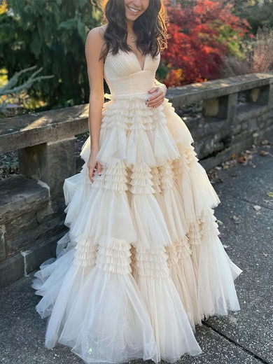 Princess V-neck Tulle Floor-length Prom Dresses With Tiered #UKM020112515