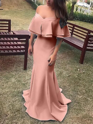 Trumpet/Mermaid Off-the-shoulder Stretch Crepe Sweep Train Prom Dresses With Cascading Ruffles #UKM020112519