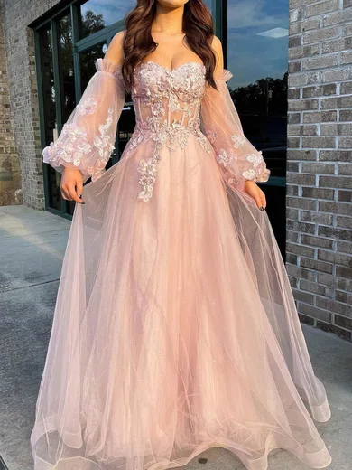 A-line Off-the-shoulder Tulle Puff Sleeve Prom Dresses With Appliques #UKM020112534
