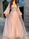 A-line Off-the-shoulder Tulle Puff Sleeve Prom Dresses With Appliques #UKM020112534