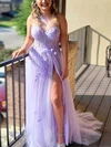 A-line One Shoulder Tulle Sweep Train Prom Dresses With Split Front #UKM020112537