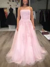 A-line Strapless Tulle Sweep Train Prom Dresses With Appliques Lace #UKM020112541