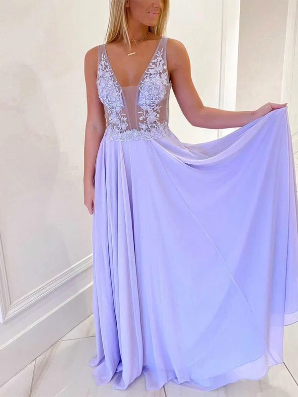 A-line V-neck Chiffon Tulle Floor-length Prom Dresses With Appliques Lace #UKM020112542