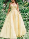 Princess V-neck Tulle Floor-length Prom Dresses With Appliques Lace #UKM020112543