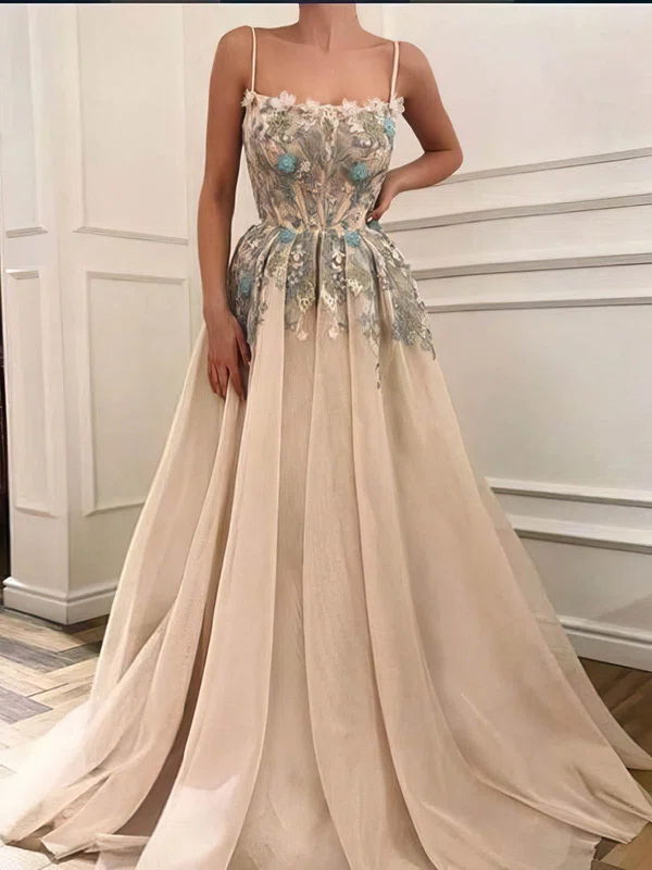Princess Square Neckline Glitter Floor-length Prom Dresses With Appliques Lace #UKM020112544
