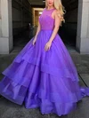 Ball Gown Scoop Neck Lace Tulle Sweep Train Prom Dresses With Tiered #UKM020112547