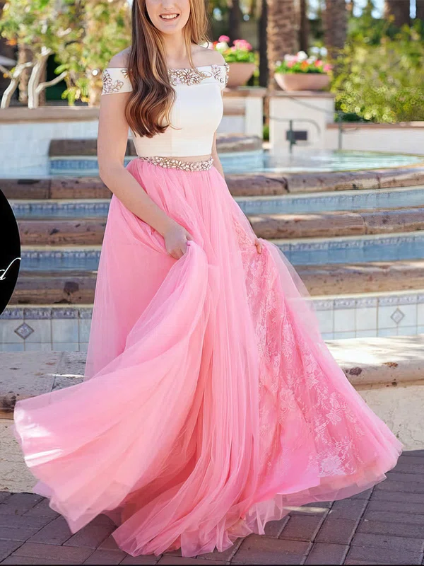 A-line Off-the-shoulder Lace Tulle Floor-length Prom Dresses With Sashes / Ribbons #UKM020112548