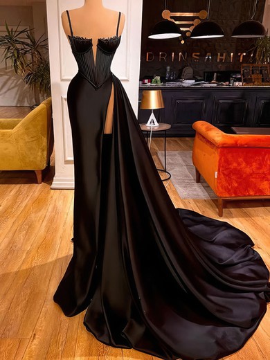 Sheath/Column V-neck Silk-like Satin Sweep Train Prom Dresses With Ruffles #UKM020112559