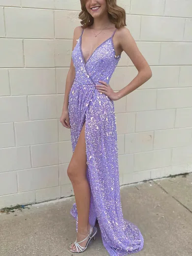 A-line V-neck Sequined Sweep Train Prom Dresses With Split Front #UKM020112565