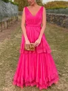 A-line V-neck Chiffon Tulle Floor-length Prom Dresses With Tiered #UKM020112574