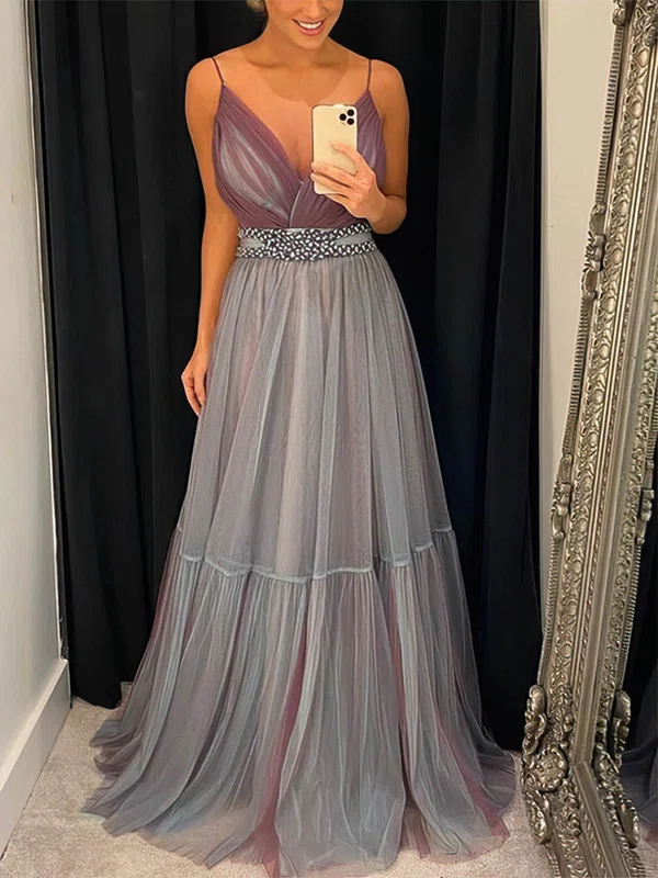 A-line V-neck Tulle Floor-length Prom Dresses With Sashes / Ribbons #UKM020112582