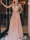 A-line High Neck Lace Chiffon Floor-length Prom Dresses With Sashes / Ribbons #UKM020112583