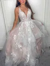 A-line V-neck Tulle Sweep Train Prom Dresses With Appliques Lace #UKM020112587