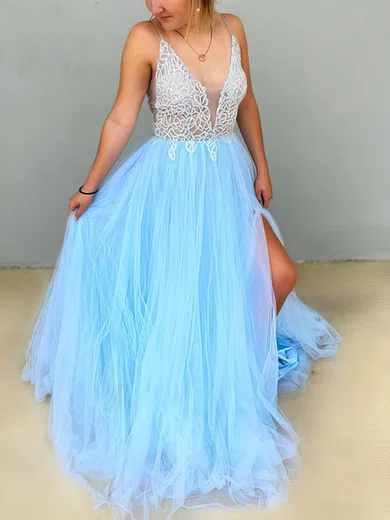 A-line V-neck Tulle Floor-length Prom Dresses With Split Front #UKM020112590