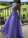 A-line Halter Tulle Floor-length Prom Dresses With Appliques Lace #UKM020112591